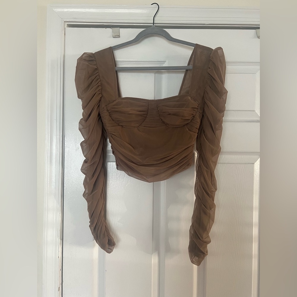 Missguided Top Brown Mesh Sleeve